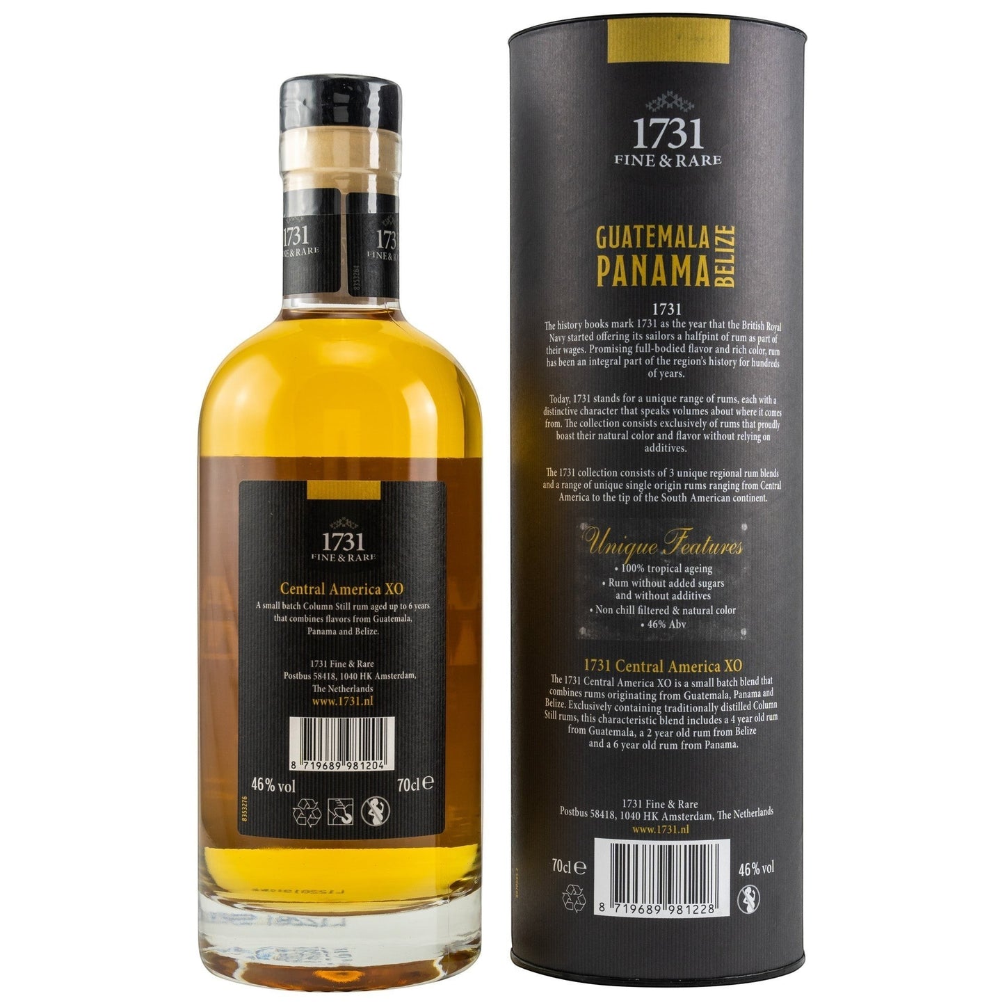 Schwarzbach Spirits 1731 Central America XO Rum, goldfarben, 46% Vol., 70cl Flasche und passender Geschenkverpackung.