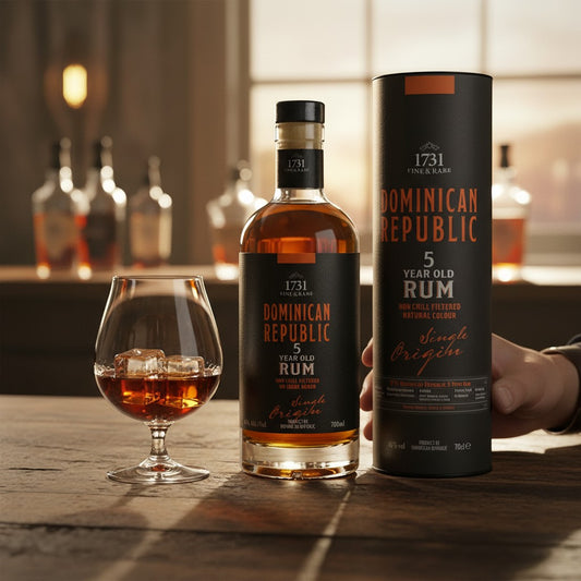 Schwarzbach Spirits 1731 Dominican Republic 5 Year Old Rum, amber colour, non chill filtered, natural colour, 46% Vol. 700ml bottle and tube packaging.