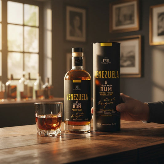 Schwarzbach Spirits 1731 Venezuela 8 Jahre Rum, 46% Vol., bernsteinfarben, in Flasche und Tube, mit einem Glas Rum daneben.