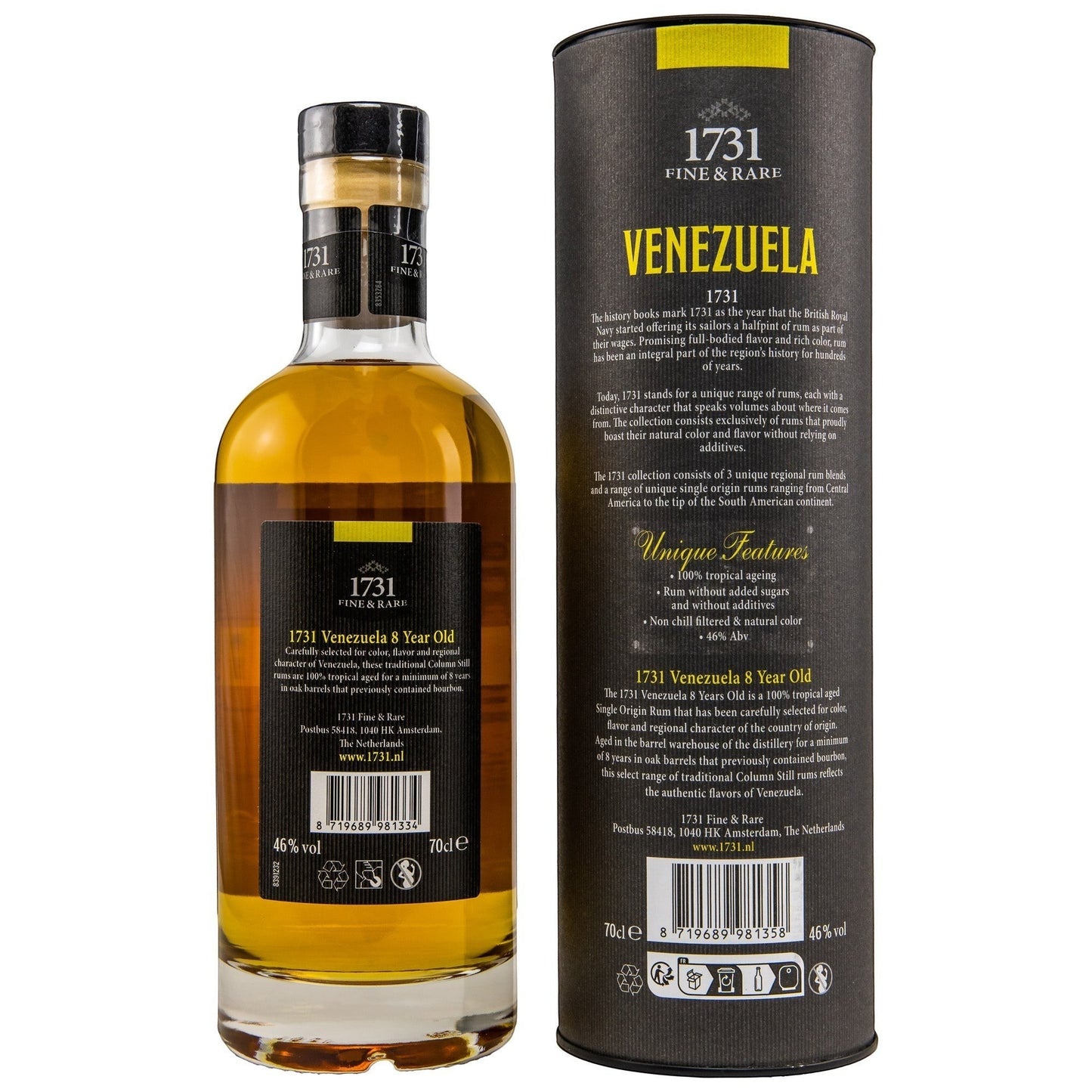 Schwarzbach Spirits 1731 Venezuela 8 Jahre Rum, bernsteinfarben, 46% Vol., 70cl, aus Melasse, 8 Jahre in Ex-Bourbonfässern gereift.