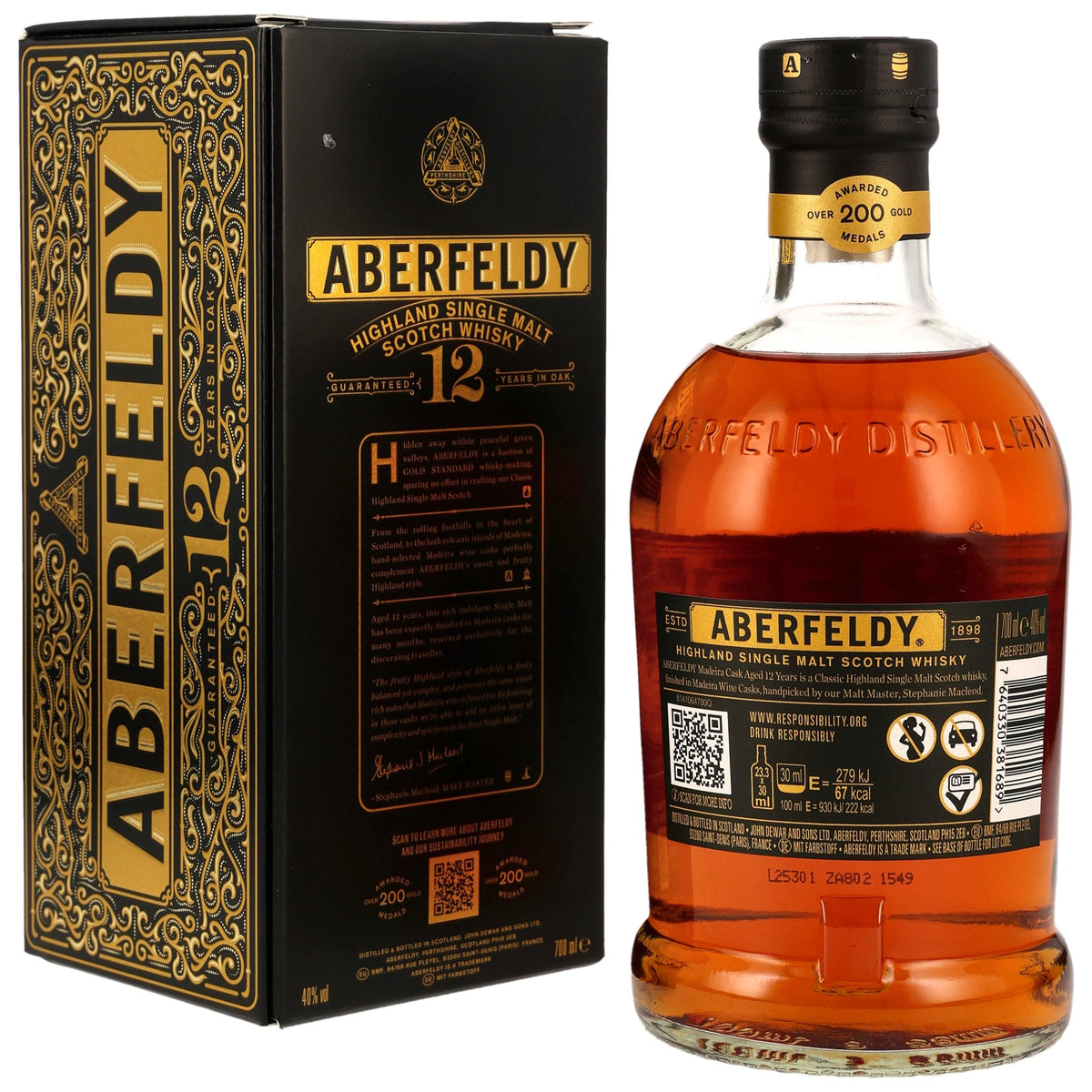 Schwarzbach Spirits Aberfeldy 12 Year Old Madeira Cask Finish Scotch whisky bottle next to its black gift box
