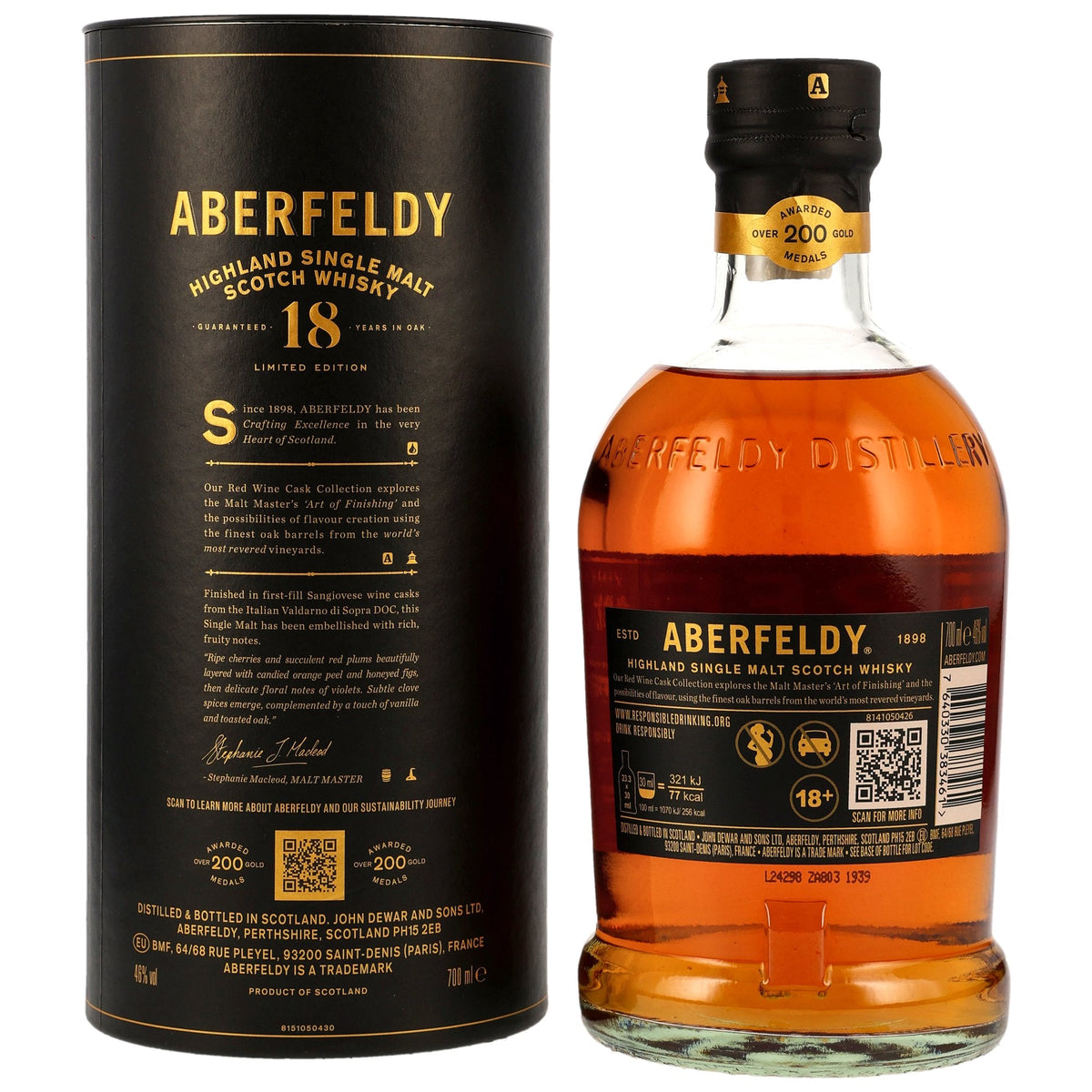 Schwarzbach Spirits Aberfeldy 18 Year Old Sangiovese Wine Cask Finish whisky bottle and black gift tube