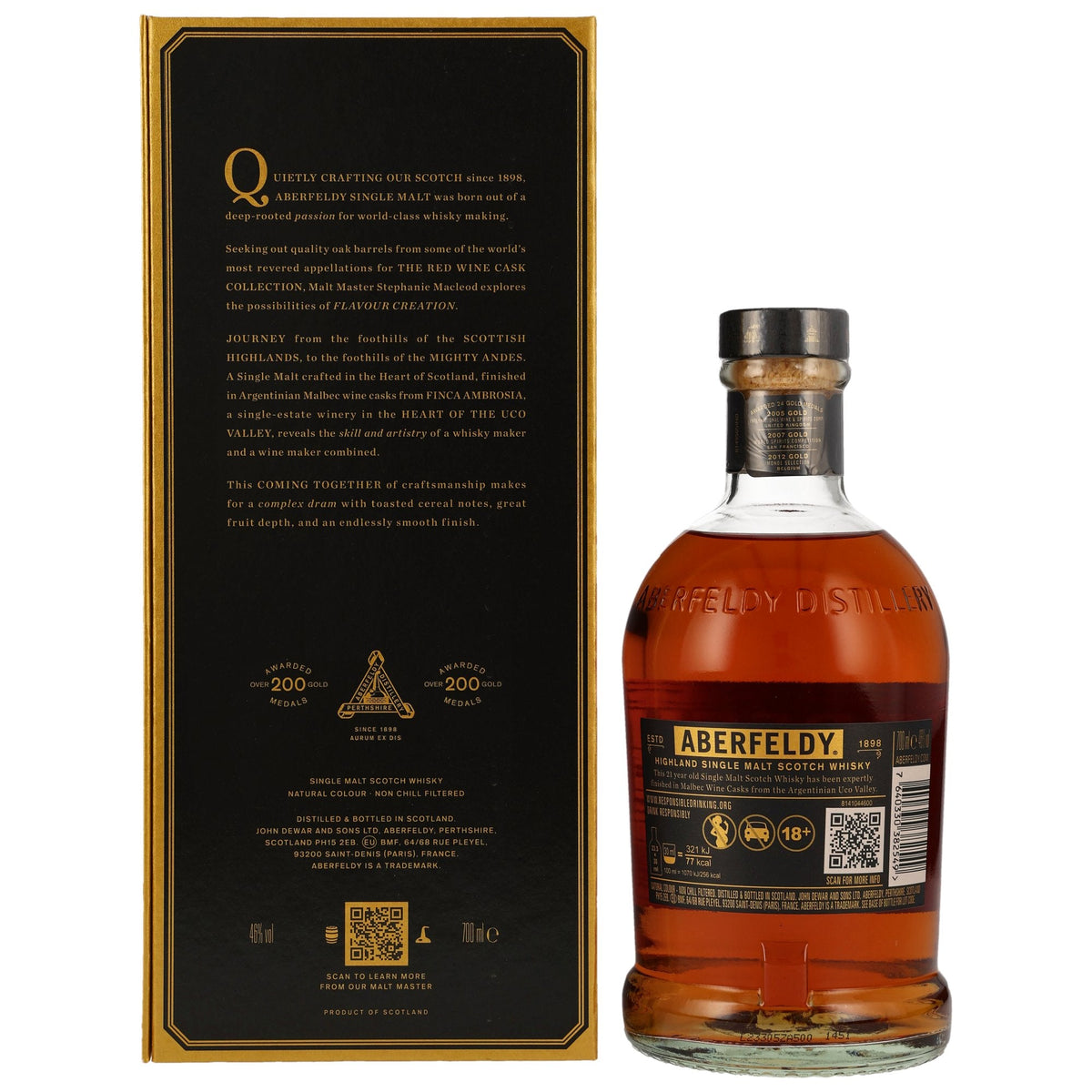 Schwarzbach Spirits Aberfeldy 21 Year Old Malbec Wine Cask whisky bottle and its gold-trimmed gift box back view