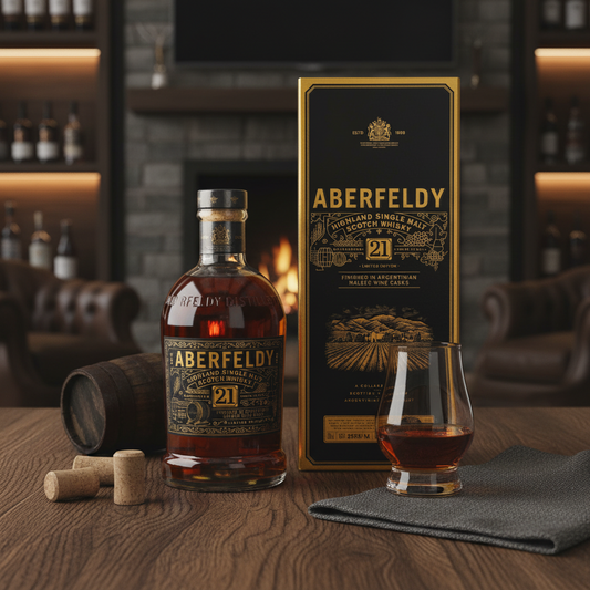 Schwarzbach Spirits Aberfeldy 21 Year Old Malbec Wine Cask whisky bottle with gift box and glass on a wooden table.