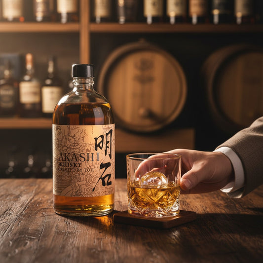 Schwarzbach Spirits Akashi Crafted by Toji Blended Whisky, 40% Vol., 700ml, mit japanischen Schriftzeichen und Illustrationen auf dem Etikett.