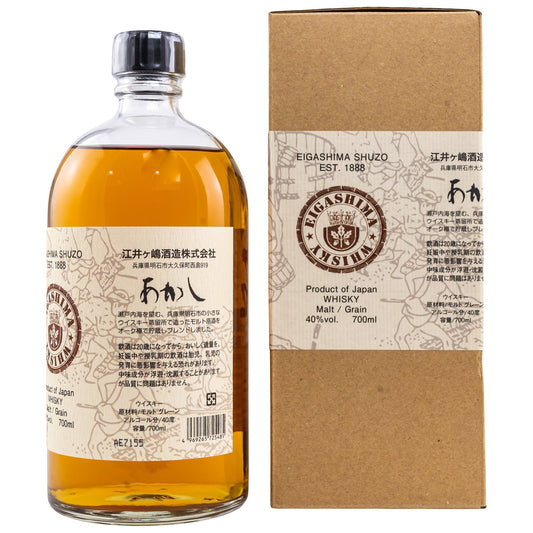Schwarzbach Spirits Akashi Crafted by Toji Japanese Blended Whisky, 40% Vol., 700ml bottle and box. Amber liquid with golden hues.