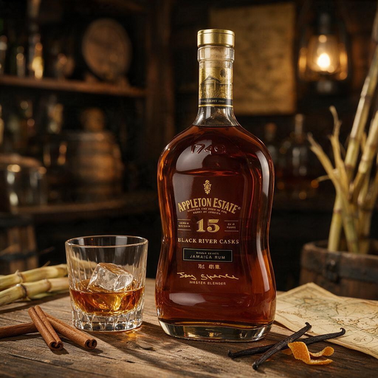 Schwarzbach Spirits Appleton Estate 15 Jahre Black River Casks Rum Flasche mit Glas und Eis auf Holztisch