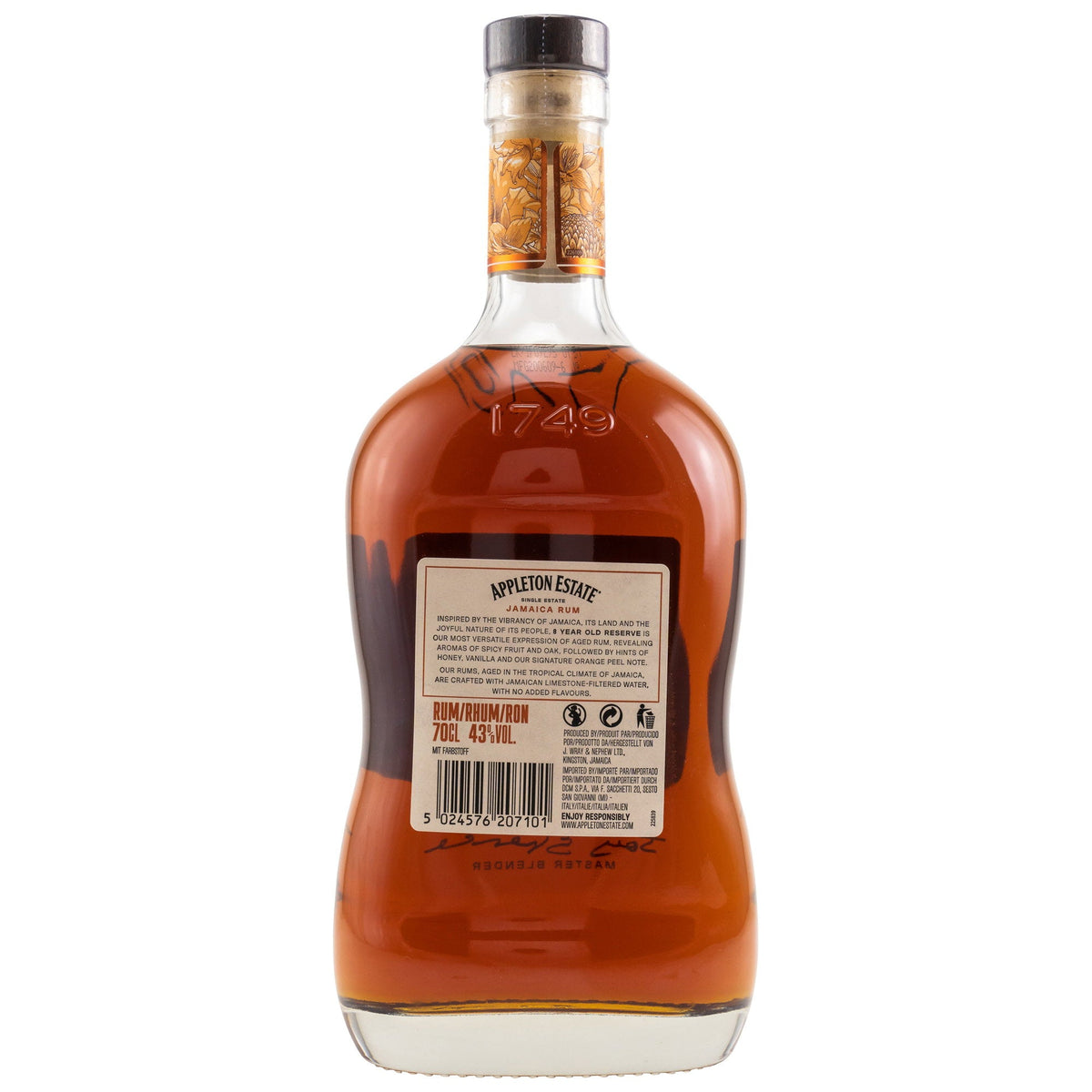 Schwarzbach Spirits Appleton Estate 8 Jahre Reserve Rum Flaschenrückseite mit Etikett und Informationen