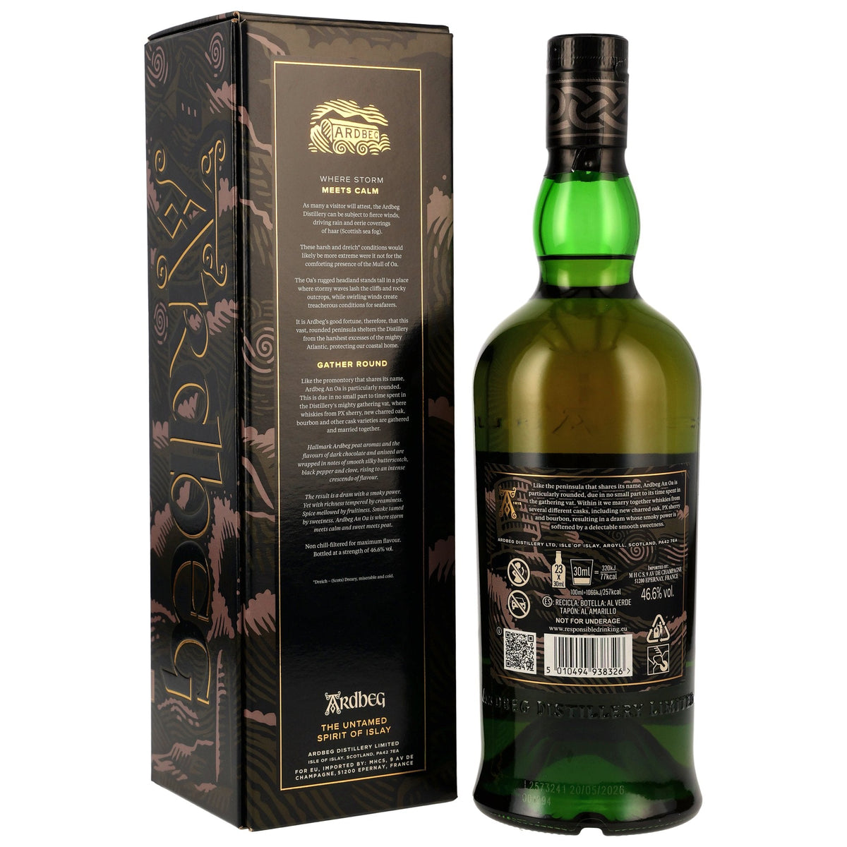 Schwarzbach Spirits Ardbeg An Oa Islay Single Malt Whisky Flaschenrückseite mit Geschenkverpackung