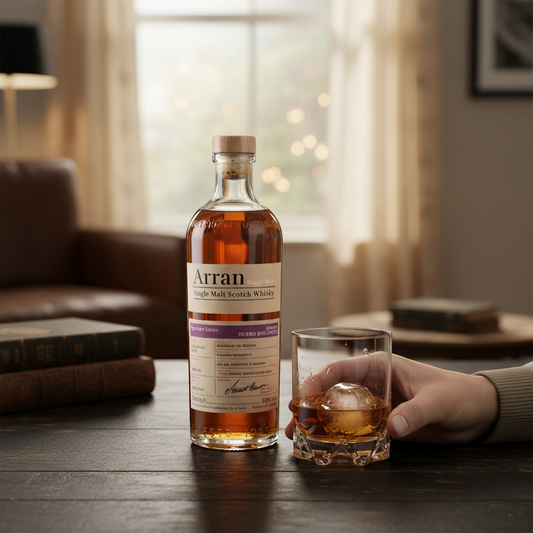 Schwarzbach Spirits Arran 12 Year Old Duero Discovery Signature Series single malt Scotch whisky, 50% Vol. in a glass bottle with a cork stopper and a beige drawstring bag.