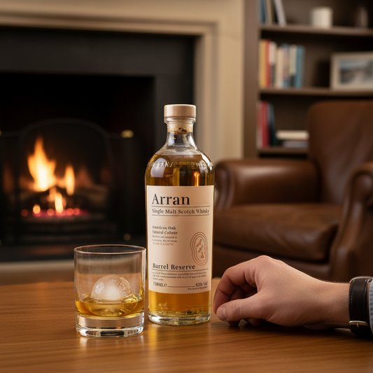 Schwarzbach Spirits Arran Barrel Reserve Single Malt Scotch Whisky, 43% Vol., 700ml bottle and tube. Light gold colour, American Oak matured.