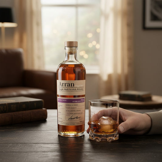 Schwarzbach Spirits Arran 12 Jahre Duero Discovery Whisky Flasche mit Glas und Eiswürfel auf einem dunklen Holztisch.