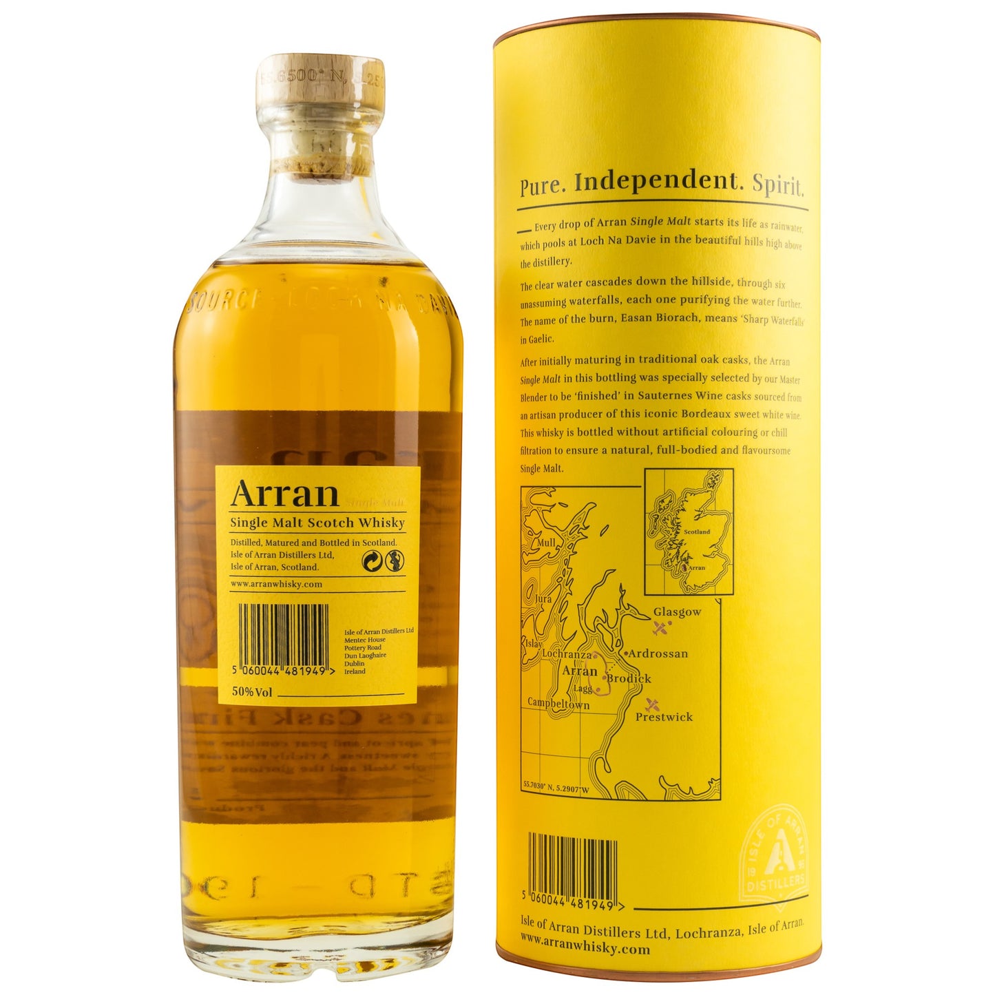 Schwarzbach Spirits Arran Sauternes Cask Finish Single Malt Scotch Whisky mit gelber Geschenkverpackung