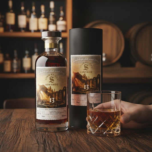 Schwarzbach Spirits Auchentoshan 13 Jahre Whisky mit Glas und Tube auf Holztisch vor Whiskyregal