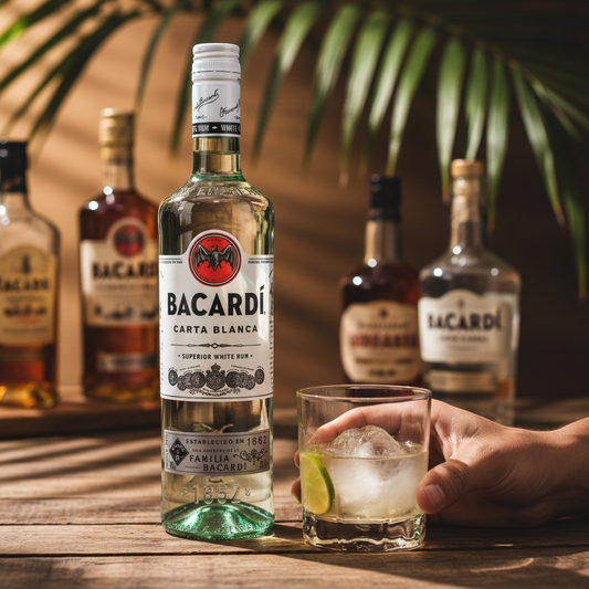 Schwarzbach Spirits Bacardi Carta Blanca Superior white rum bottle, 700ml, 37.5% vol. Clear liquid with iconic bat logo.