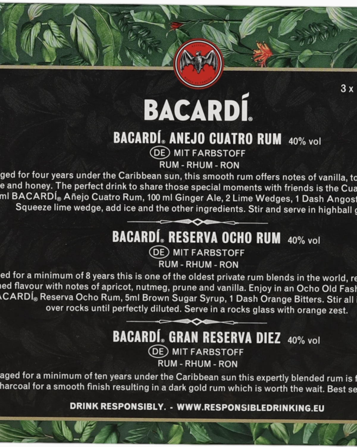 Schwarzbach Spirits Bacardi Discovery Pack mit drei Rum-Sorten Anejo Cuatro, Reserva Ocho und Gran Reserva Diez