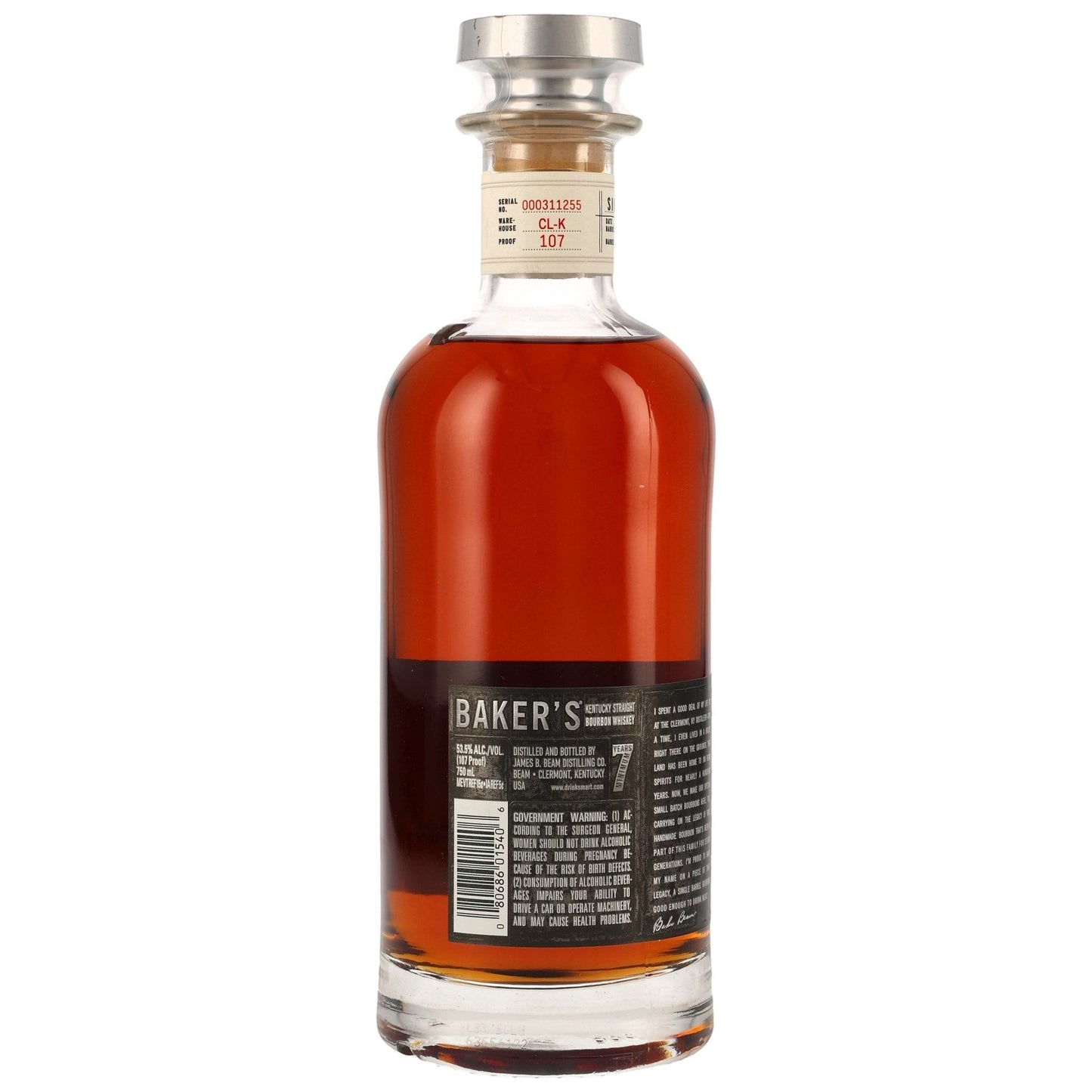 Schwarzbach Spirits Baker's 7 Jahre Small Batch Kentucky Straight Bourbon Whiskey, 53,5% Vol., bernsteinfarben, in Glasflasche mit silbernem Verschluss.