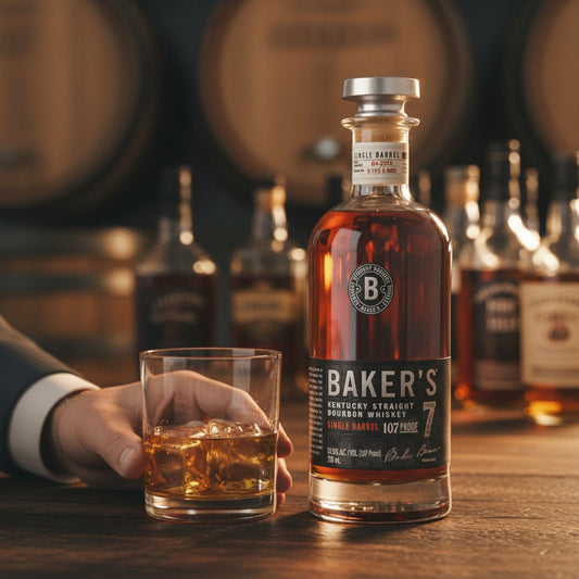 Schwarzbach Spirits: Baker's 7 Jahre Small Batch Kentucky Straight Bourbon Whiskey, 53,5% Vol., 750ml, bernsteinfarben, in Glasflasche mit silbernem Verschluss.