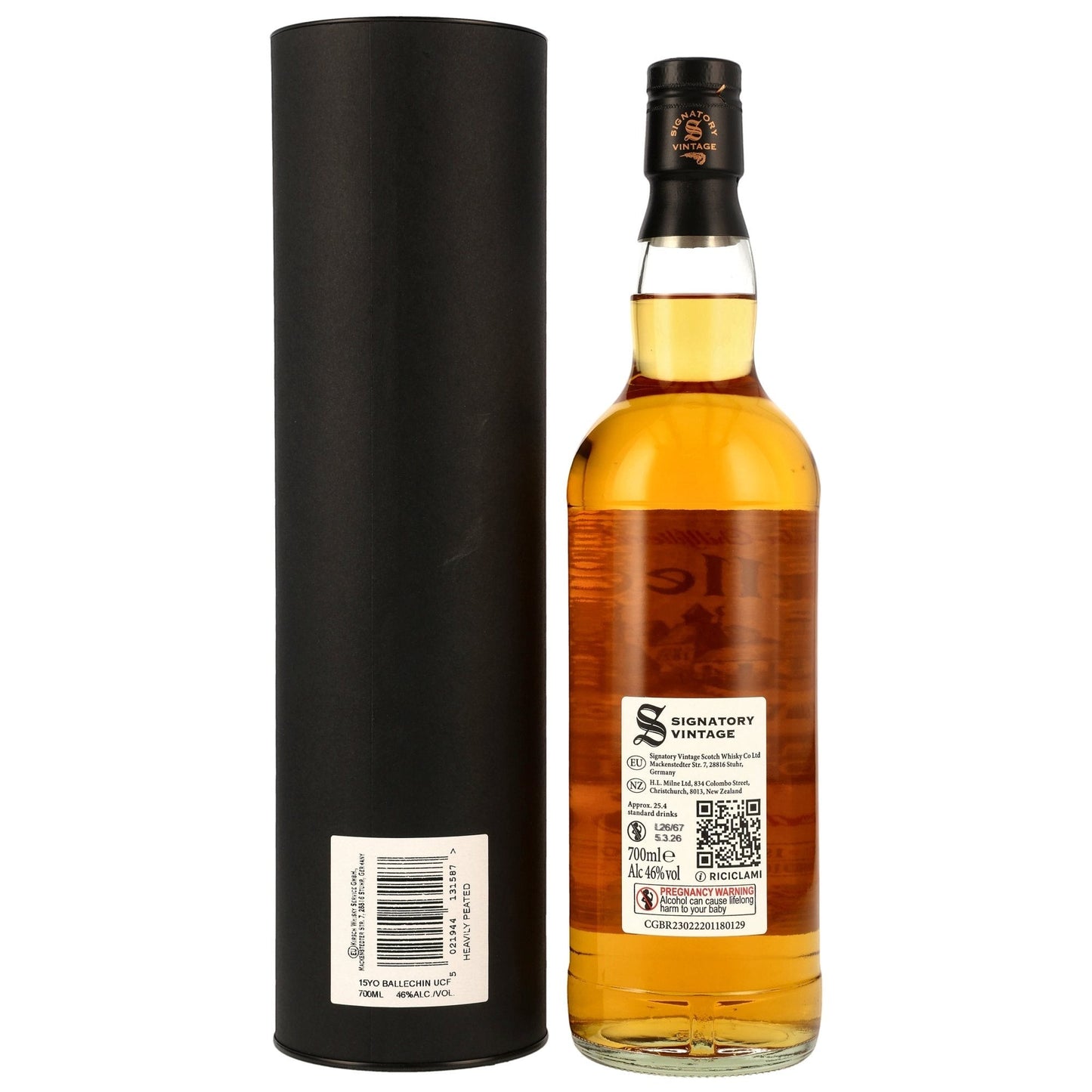 Schwarzbach Spirits Ballechin 15 Jahre Heavily Peated Single Malt Whisky in Bourbonfässern gereift, 46% Vol., 700ml.