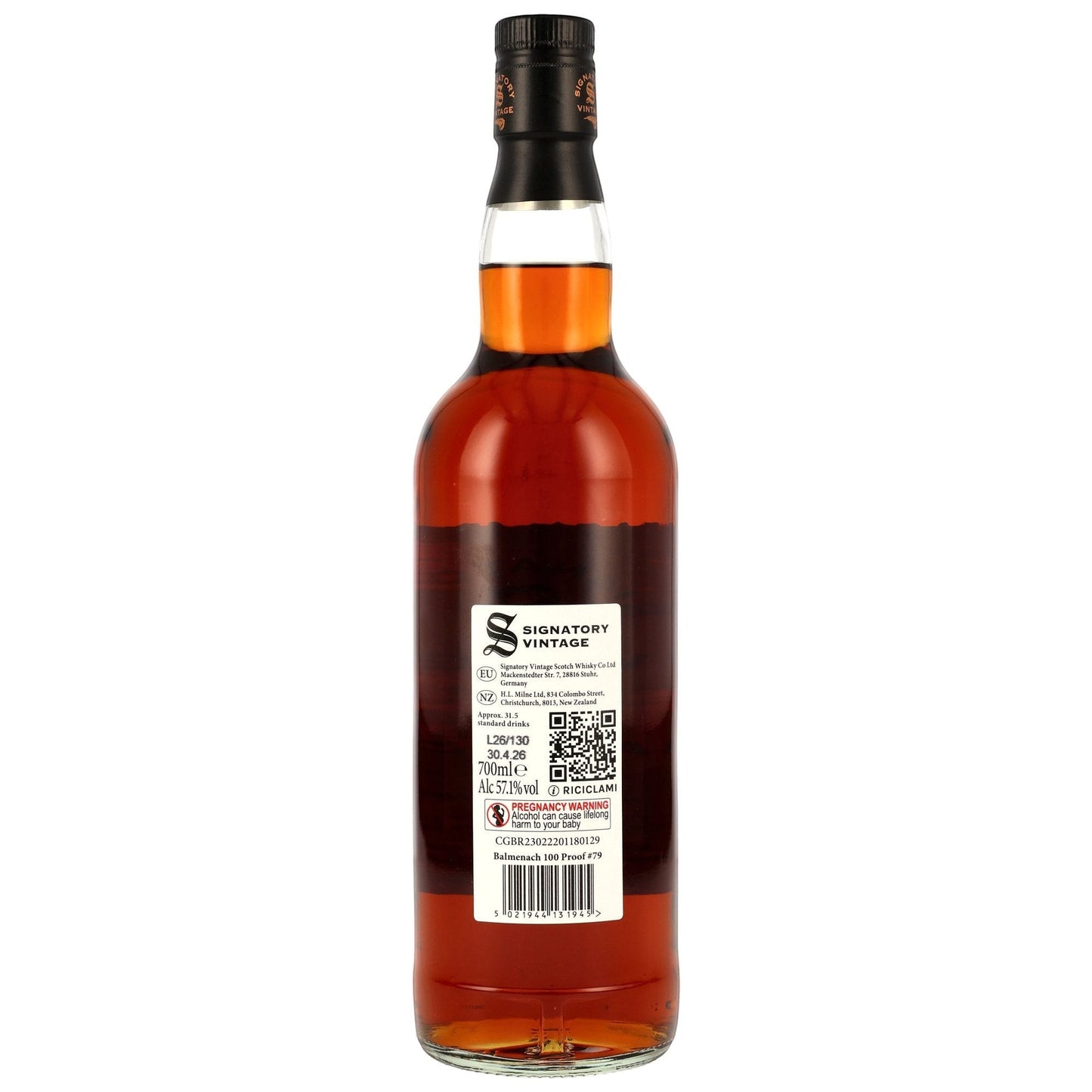 Schwarzbach Spirits Balmenach 10 Jahre Single Malt Whisky Flaschenrückseite mit Etikett der Signatory 100 Proof Edition