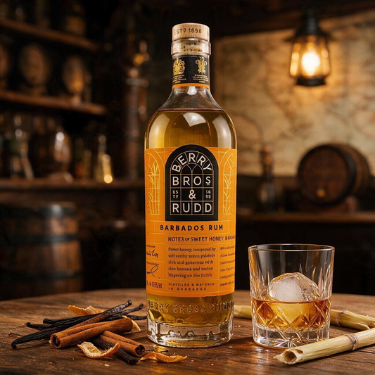 Schwarzbach Spirits Barbados Rum von Berry Bros. & Rudd mit Glas und Eis auf einem Holztisch in einer Bar