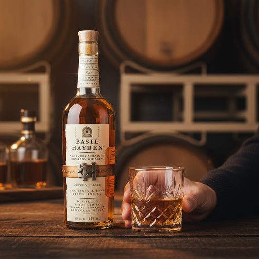 Schwarzbach Spirits Basil Hayden's Kentucky Straight Bourbon Whiskey, 40% Vol., 70cl. Amberfarbener Bourbon mit Holzkorken und Etikett.