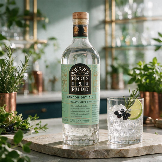 Schwarzbach Spirits Berry Bros. & Rudd London Dry Gin Flasche neben einem Glas mit Eis, Limette und Wacholderbeeren