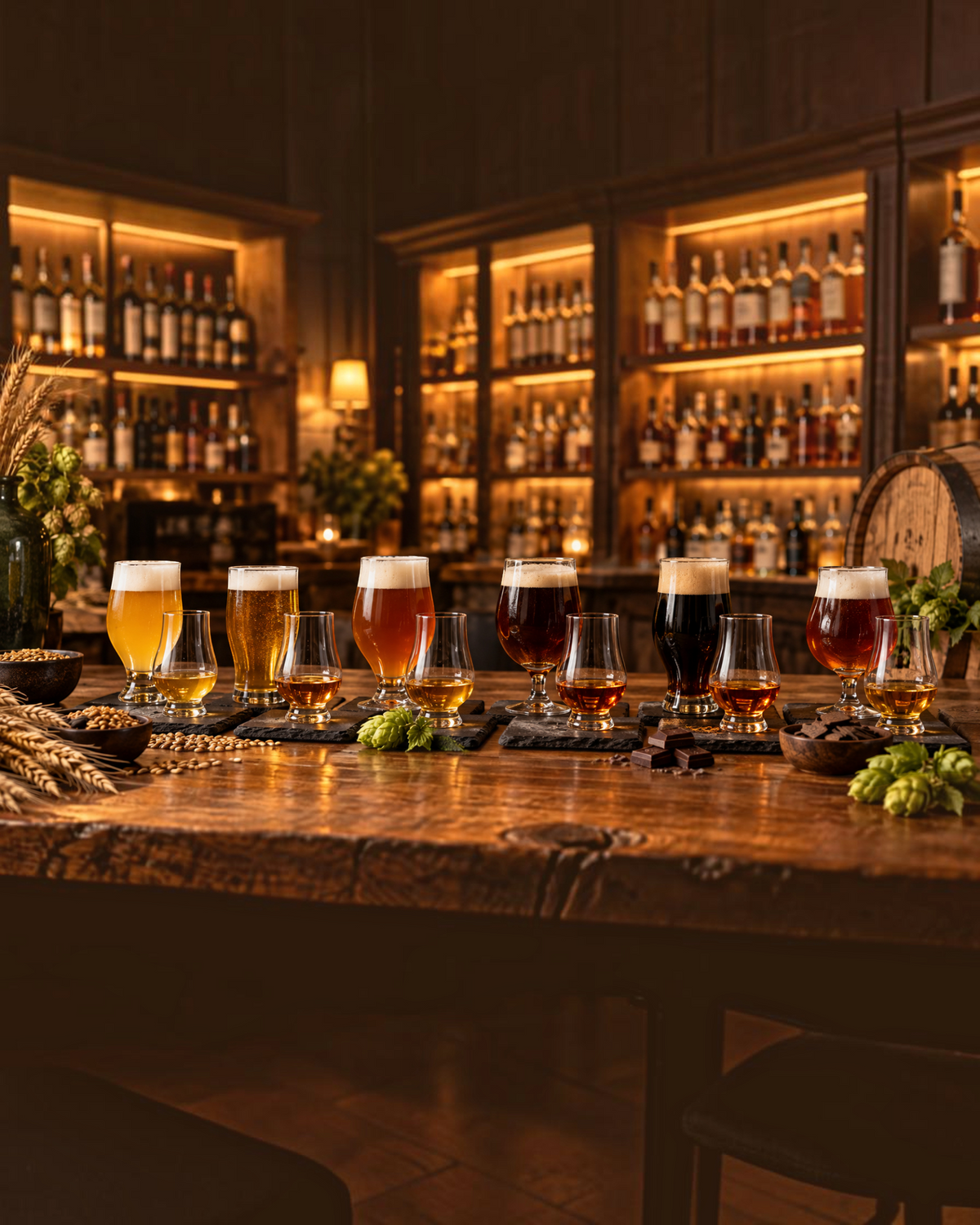 Schwarzbach Spirits Bier und Whisky Tasting mit sechs verschiedenen Bier- und Whisky-Paarungen auf einem Holztisch.