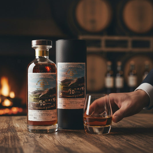 Schwarzbach Spirits Blair Athol 10 Jahre Whisky mit Oloroso Sherry Finish, Flasche und Glas vor einem Kamin