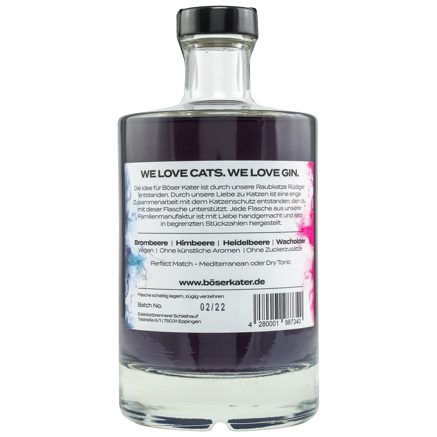 Schwarzbach Spirits BÖSER KATER Magic Berry Gin mit Farbwechseleffekt, 40% Vol., 0.5L. Fruchtiger Gin mit Brombeer-, Himbeer- und Heidelbeergeschmack.