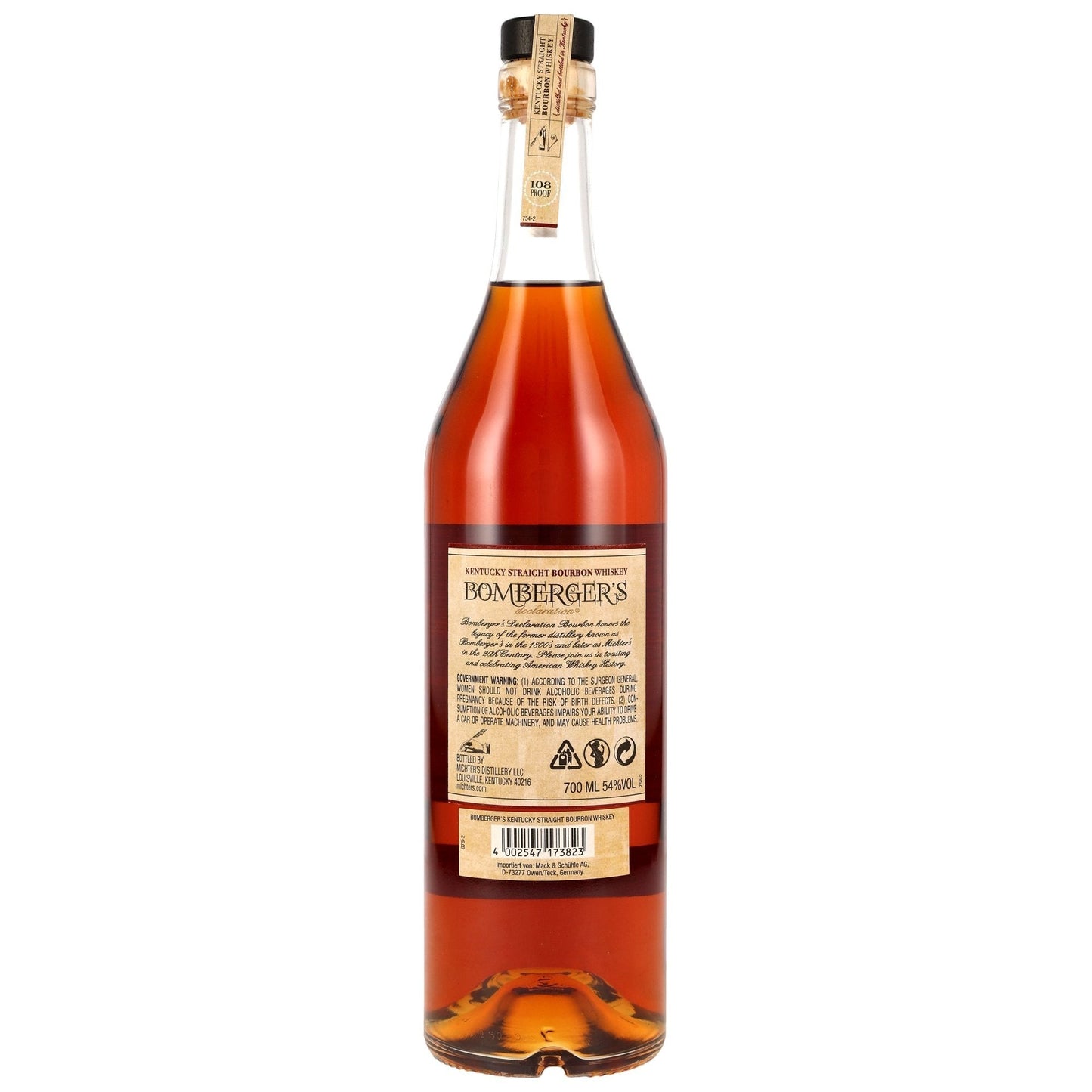 Schwarzbach Spirits Bomberger's Declaration Kentucky Straight Bourbon 2025 Release, 54% Vol., 700ml, amber colour, unfiltered, in a glass bottle.