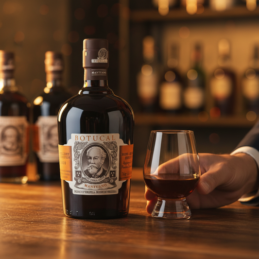 Schwarzbach Spirits Botucal Mantuano rum bottle, 40% ABV, 70cl. Rich amber colour, aged in oak barrels, notes of vanilla, dried fruit, caramel, toffee, plum, and dark chocolate.