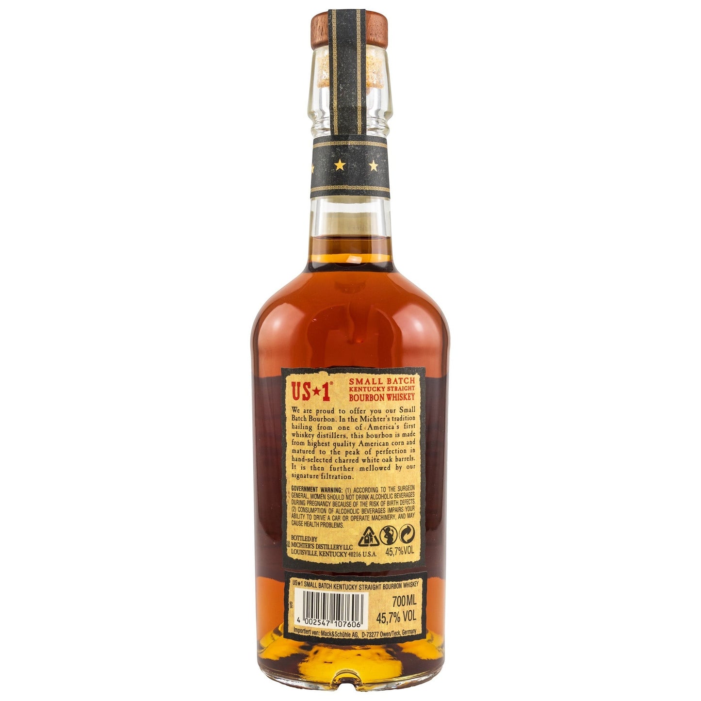 Schwarzbach Spirits US+1 Small Batch Kentucky Straight Bourbon Whiskey, 45.7% Vol., 700ml, amber liquid, clear glass bottle, black and gold label.