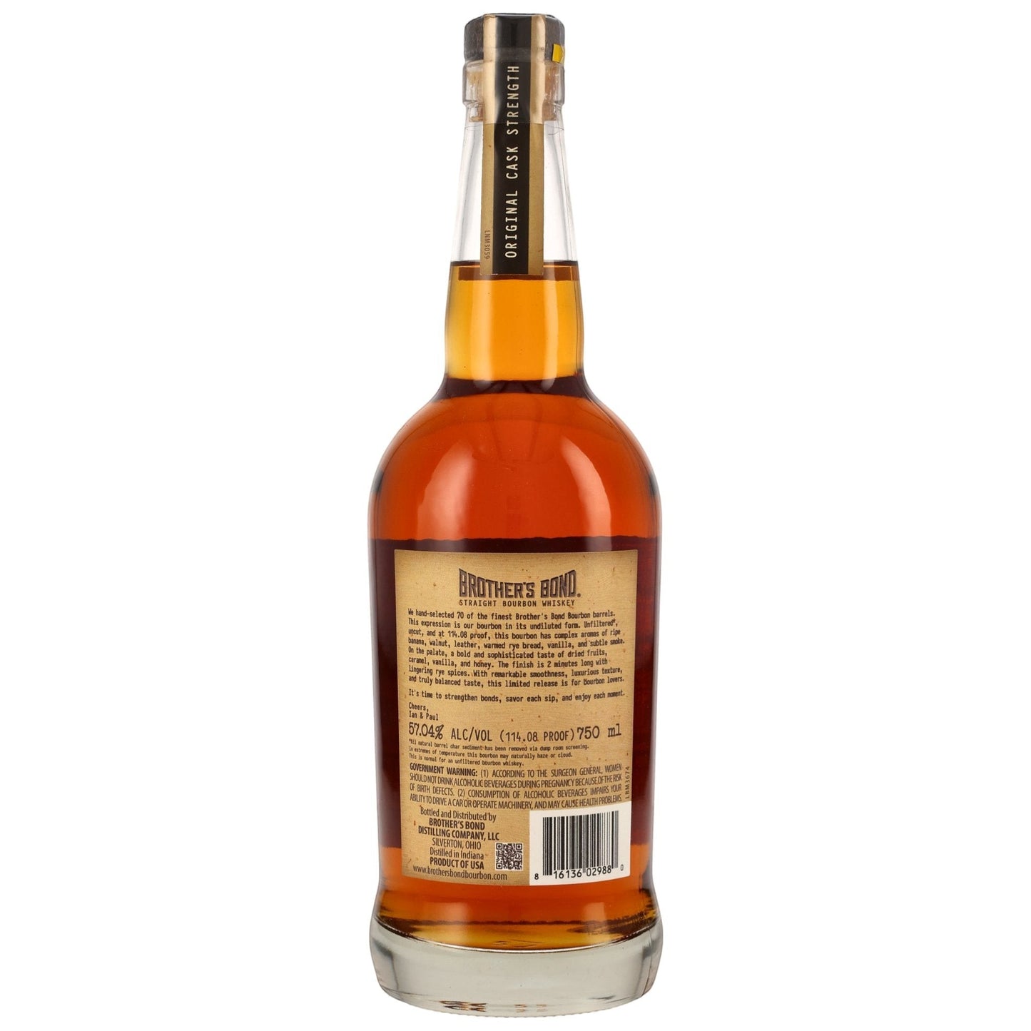 Schwarzbach Spirits Brother's Bond Cask Strength Bourbon Whiskey, 57.04% Vol., 750ml bottle, amber liquid, clear glass bottle, rustic label.