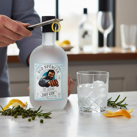 Schwarzbach Spirits Bud Spencer The Legend Dry Gin bottle with a black cap and a label featuring Bud Spencer's portrait.