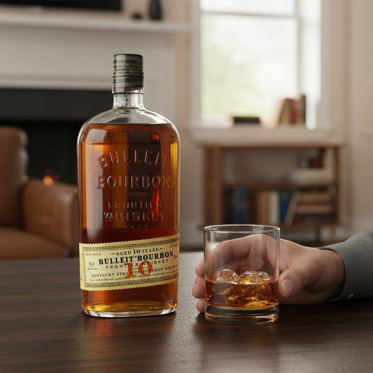 Schwarzbach Spirits: Flasche Bulleit Bourbon 10 Jahre 45,6% Vol. und ein Glas Bourbon mit Eiswürfeln auf einem Holztisch.