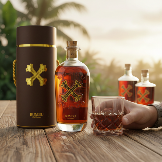 Schwarzbach Spirits BUMBU The Original Rum, 40% Vol., amber-colored, with notes of vanilla, toffee, and tropical fruits.