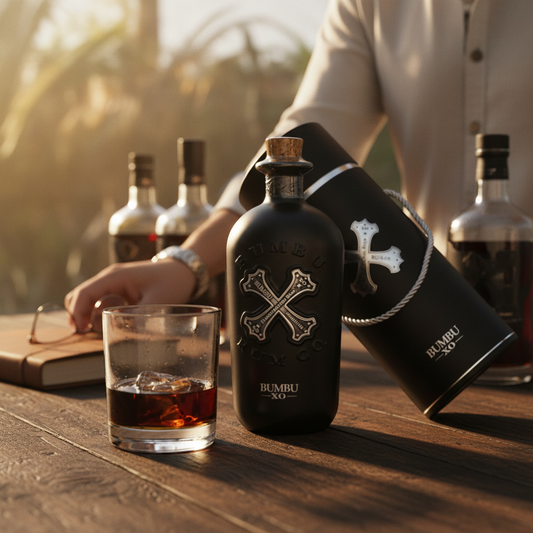 Schwarzbach Spirits Bumbu XO artisanal rum in a black bottle with a cork stopper and presentation tube. 40% vol.