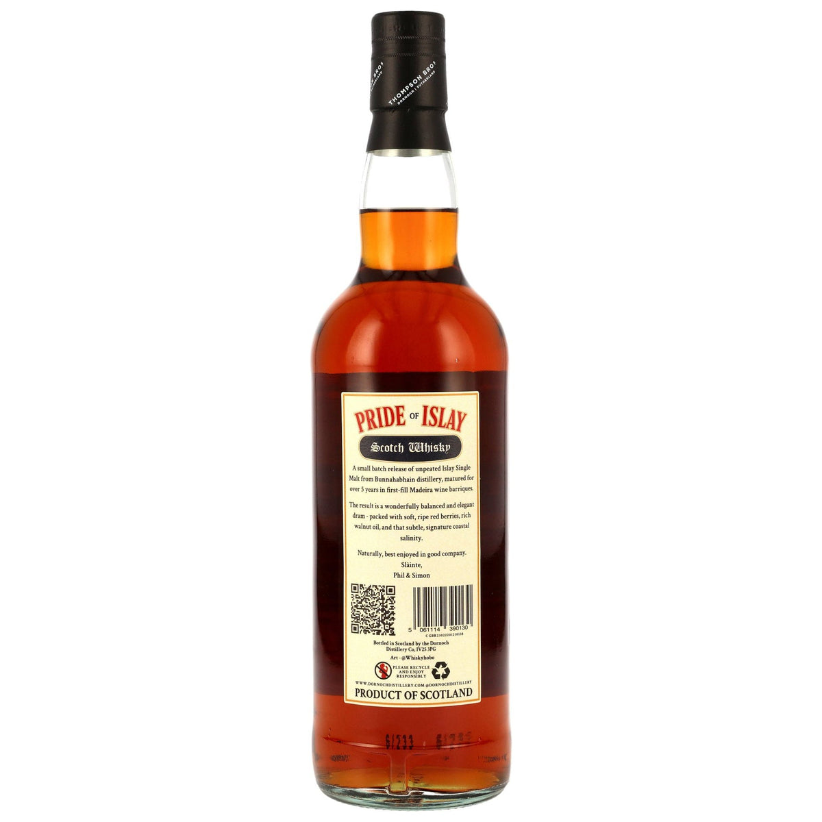 Schwarzbach Spirits Bunnahabhain 12 Jahre Pride of Islay Whisky Flaschenrückseite mit Etikett und Informationen