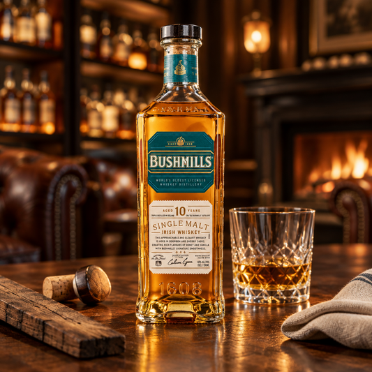Schwarzbach Spirits Bushmills 10 Jahre Single Malt Irish Whiskey Flasche mit Glas auf einem Holztisch vor Kamin