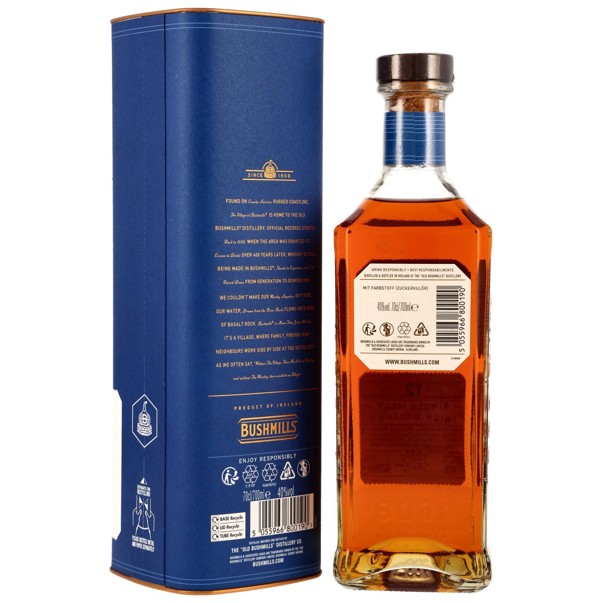 Schwarzbach Spirits Bushmills 12 Jahre Three Woods Irish Single Malt Whiskey Flasche mit blauer Geschenkverpackung
