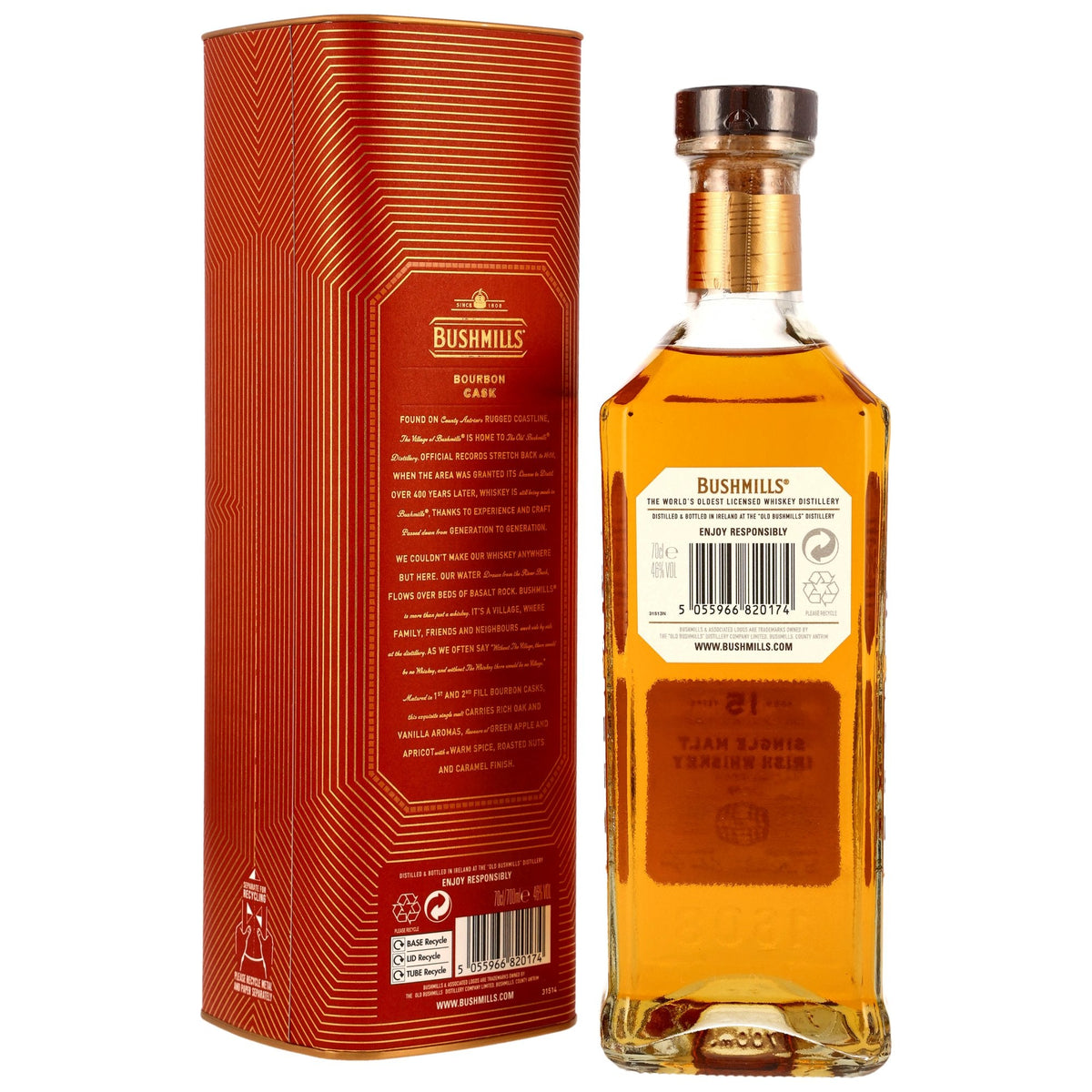 Schwarzbach Spirits Bushmills 15 Jahre Bourbon Cask Whiskey Flasche mit roter Geschenkverpackung auf weißem Hintergrund