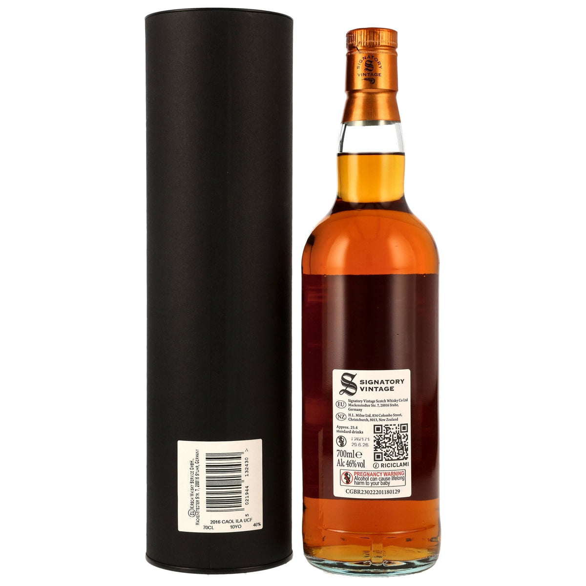 Schwarzbach Spirits Caol Ila 10 Jahre Single Malt Whisky Flasche mit schwarzer Geschenkdose und Etikettendetails