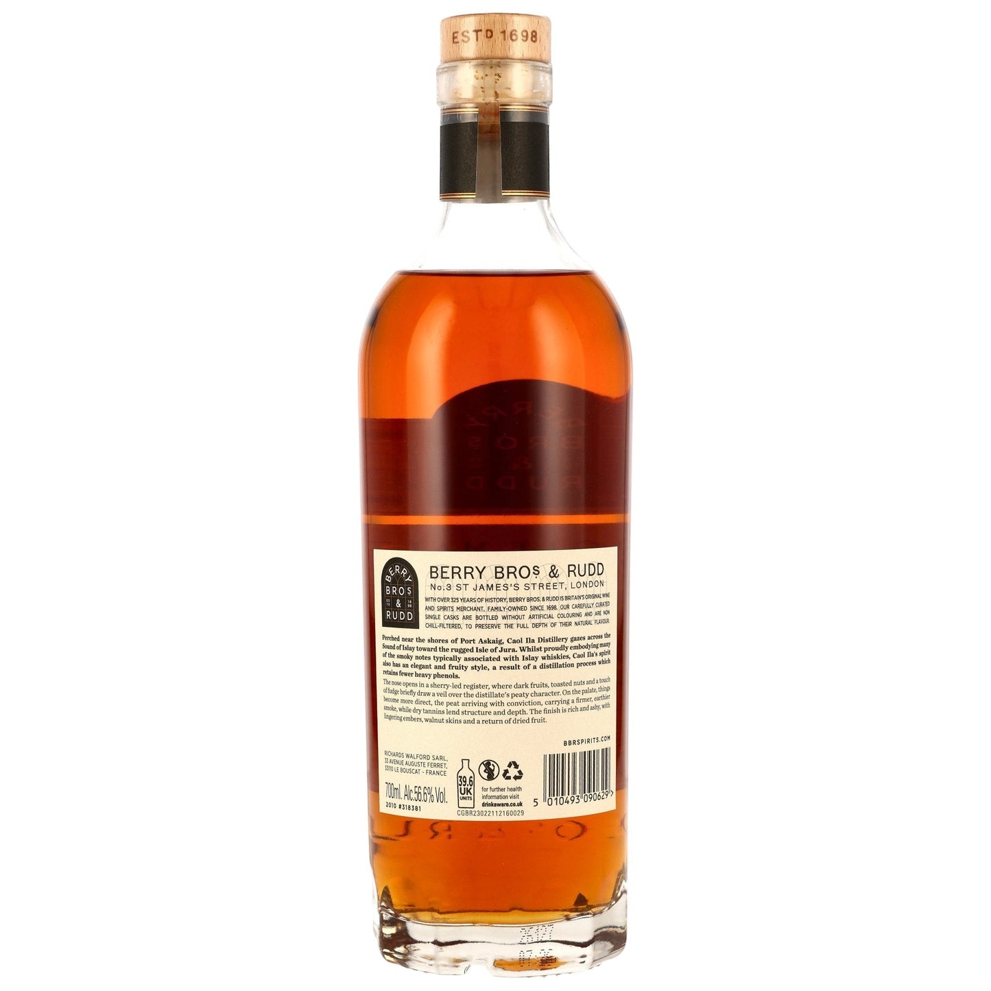 Schwarzbach Spirits Caol Ila 15 Jahre Single Malt Whisky Flaschenrückseite mit Etikett und Informationen