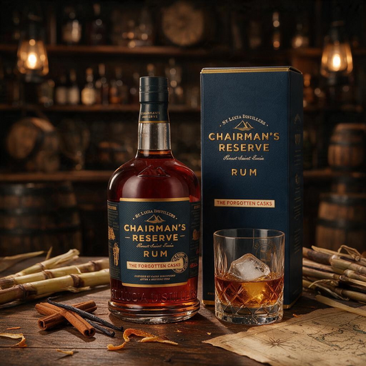 Schwarzbach Spirits Chairman's Reserve The Forgotten Casks Rum Flasche mit Geschenkverpackung und Glas auf Holztisch