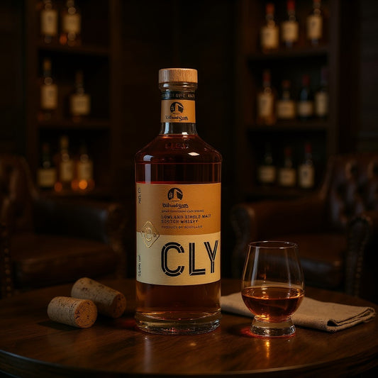 Schwarzbach Spirits Clydeside 7 year old single malt whisky in a bottle with a glass on a dark wooden table.