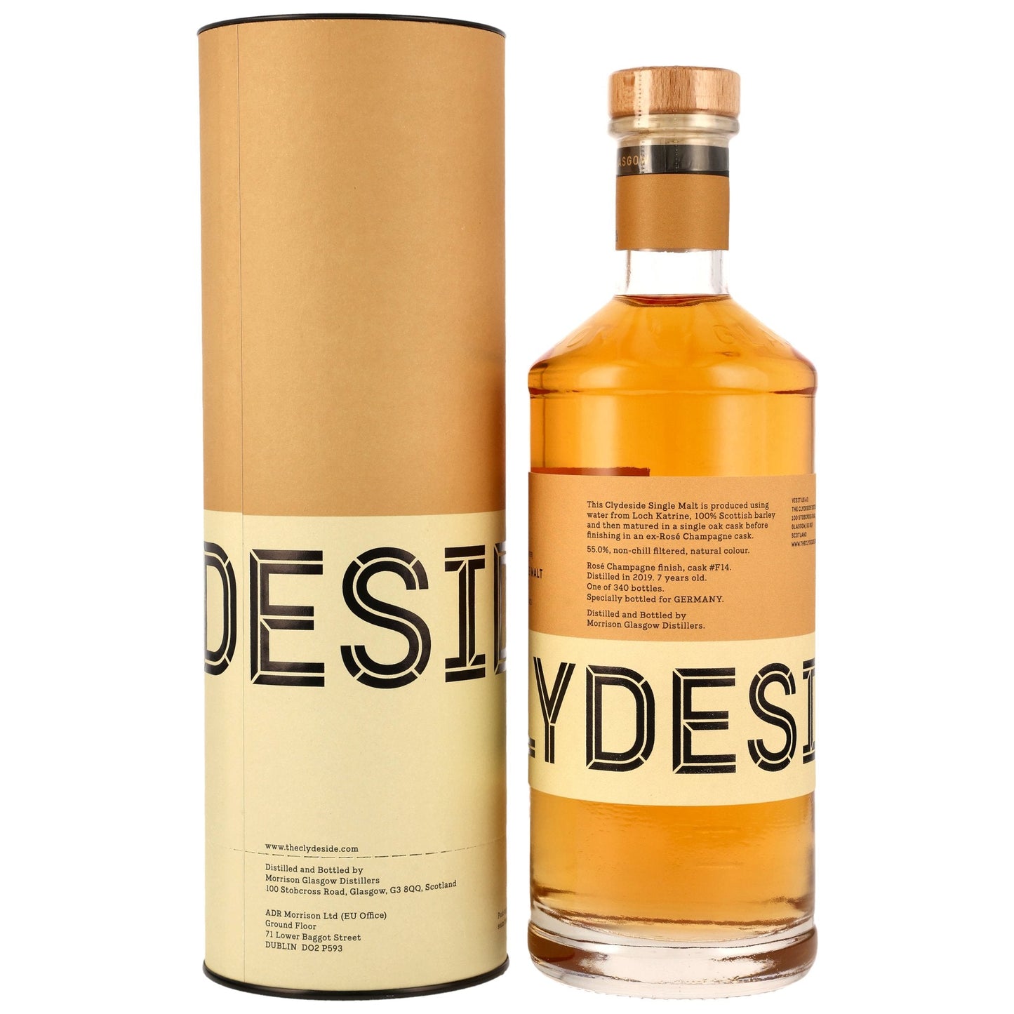Schwarzbach Spirits Clydeside 7 year old single malt whisky with a rose champagne cask finish and its cardboard tube.