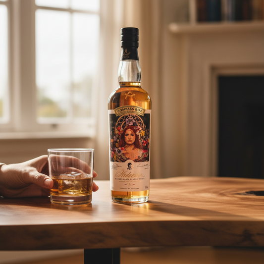 Schwarzbach Spirits Compass Box Hedonism 2026 limited annual release blended grain Scotch whisky bottle and box with floral artwork.