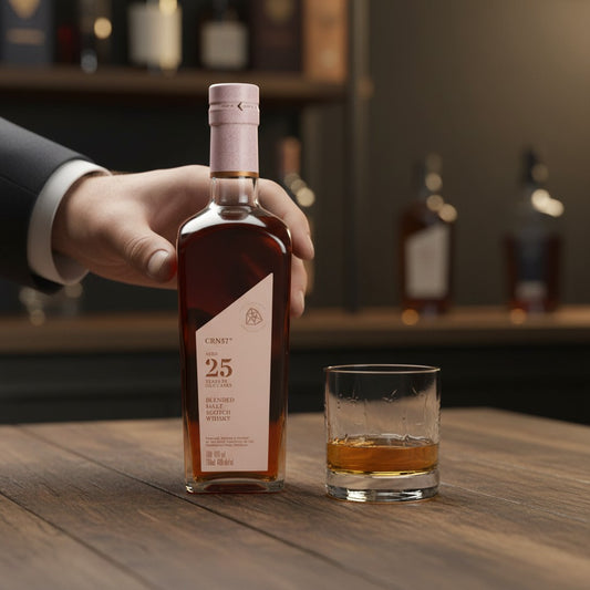 Schwarzbach Spirits CRN57 25 Years Blended Malt Scotch Whisky, aged in oak casks, 43% vol, 70cl bottle. Rich amber liquid.