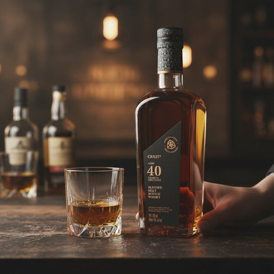 Schwarzbach Spirits CRN57 40 Jahre Blended Malt Scotch Whisky, 43% Vol., 0.7L, in einem Glas und Flasche auf einem Holztisch